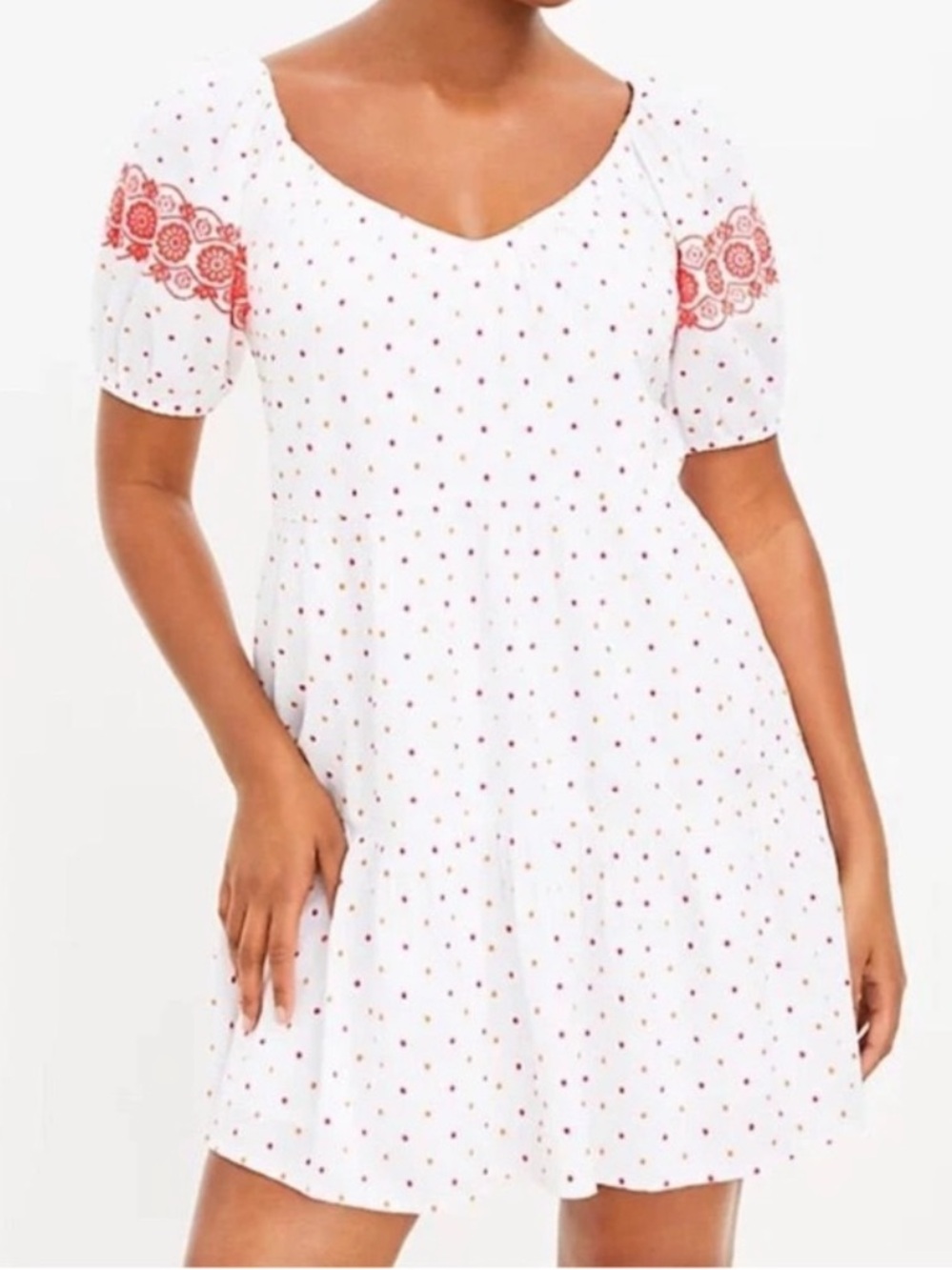 LOFT White Mini Dress with Polka Dot Print and Embroidered Sleeves
